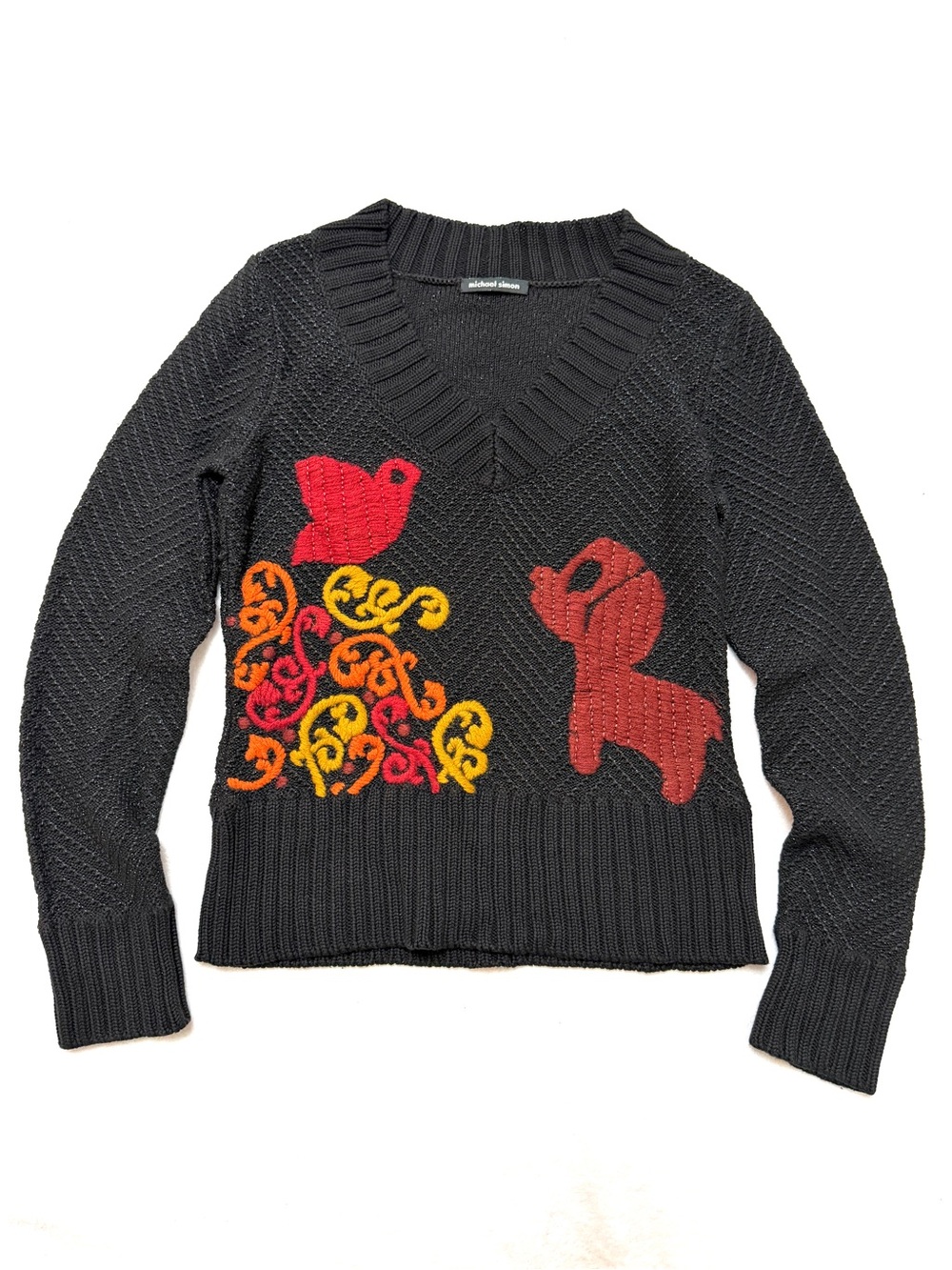 Michael Simon sz S vintage 90s embroidered sweater Knit Dog Bird V Neck